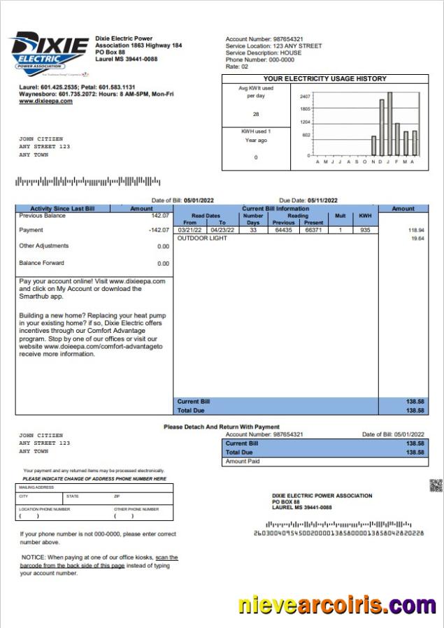 USA Mississippi Dixie Electric utility bill